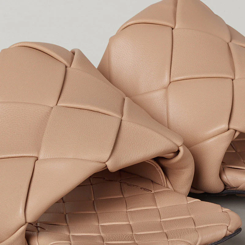 Chic Square Toe Braided Leather Slides - Apricot - Image 3