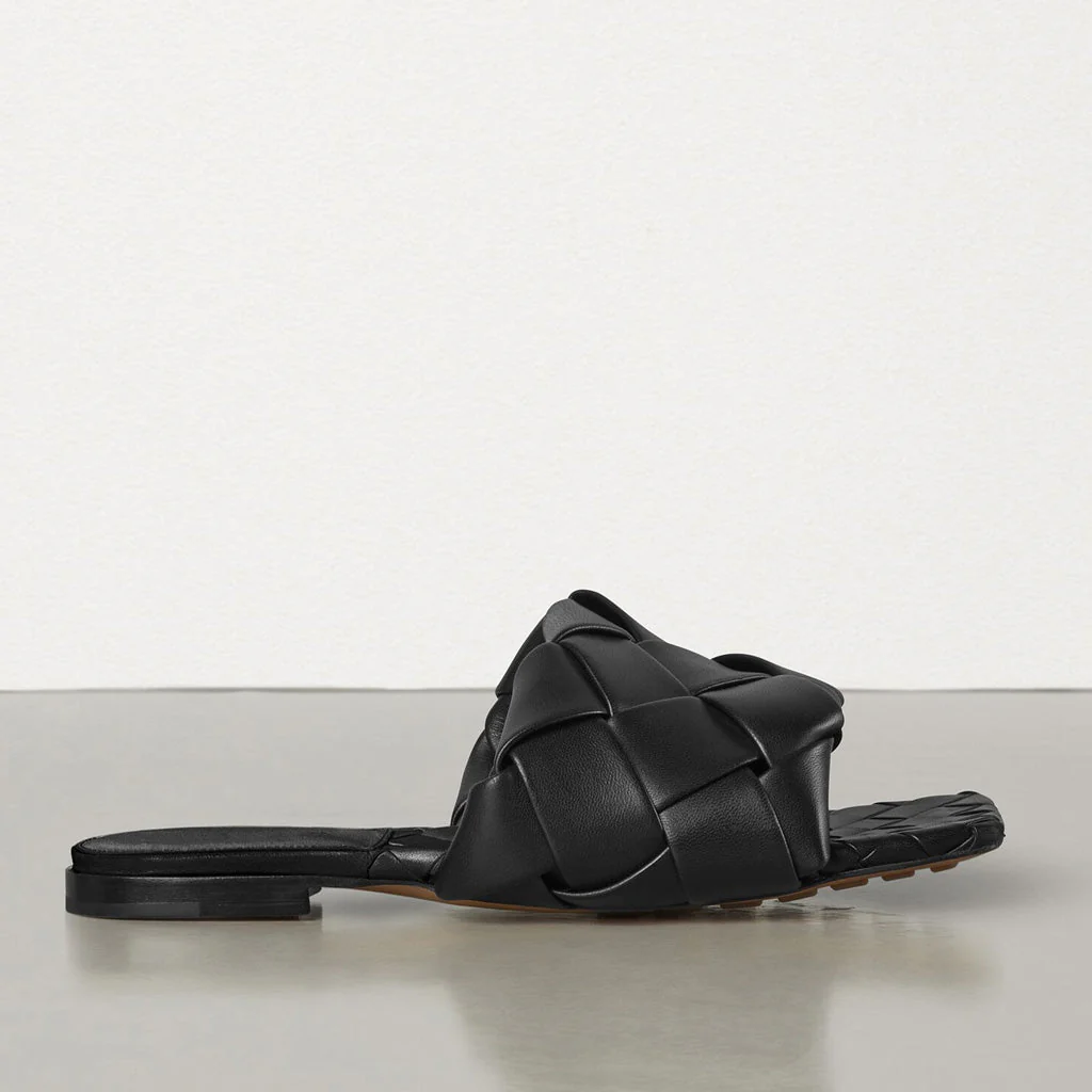 Chic Square Toe Braided Leather Slides - Black - Image 3