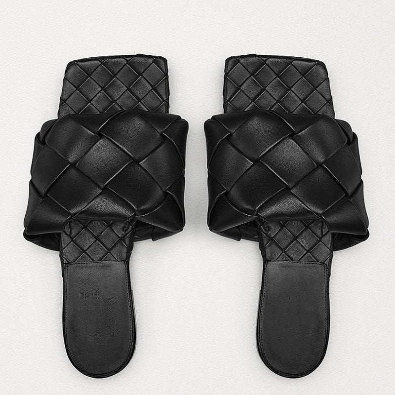 Chic Square Toe Braided Leather Slides - Black - Image 4