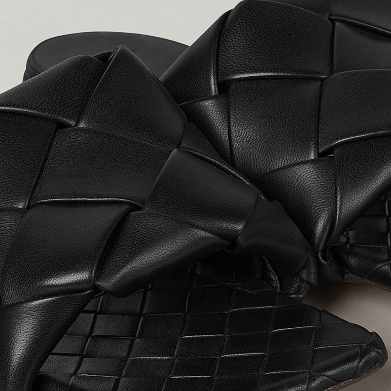 Chic Square Toe Braided Leather Slides - Black - Image 5