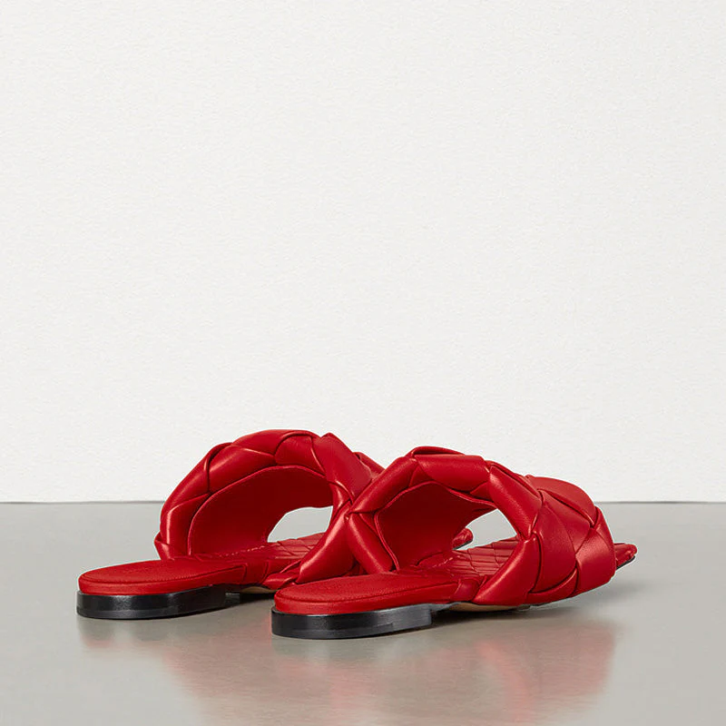 Chic Square Toe Braided Leather Slides - Red - Image 3