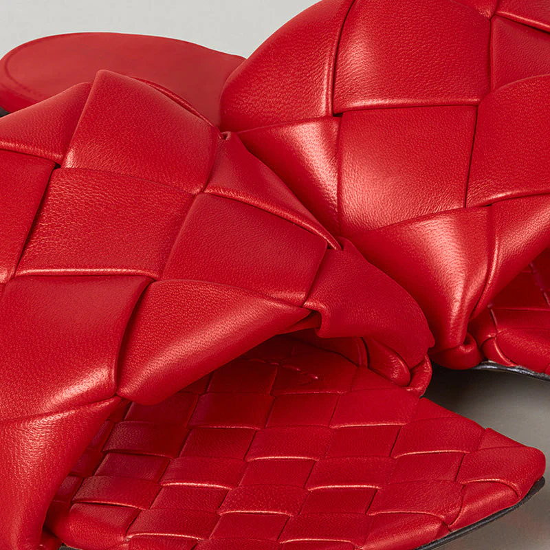 Chic Square Toe Braided Leather Slides - Red - Image 4