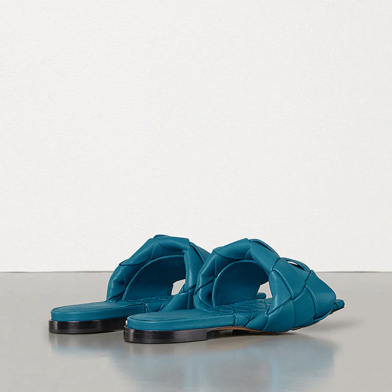 Chic Square Toe Braided Leather Slides - Teal - Image 3