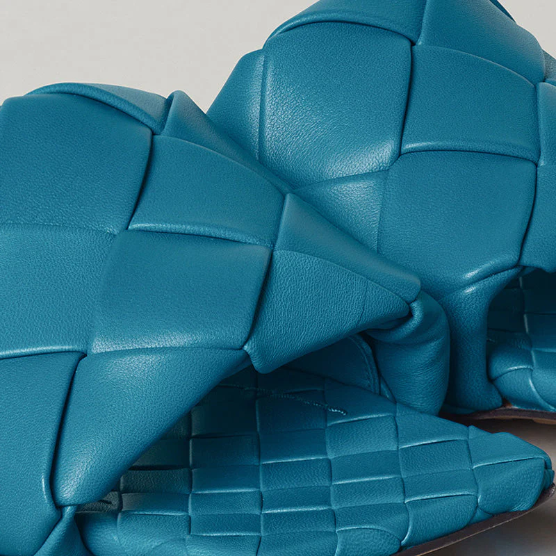 Chic Square Toe Braided Leather Slides - Teal - Image 4