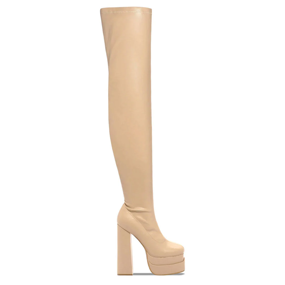 Chic Square Toe Platform Over Knee Chunky High Heel Boots - Apricot - Image 3
