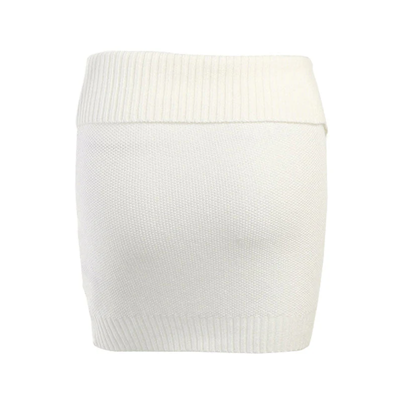 Chic Textured Cable Knit Ribbed Trim Foldover Zip Front Mini Skirt - White - Image 3