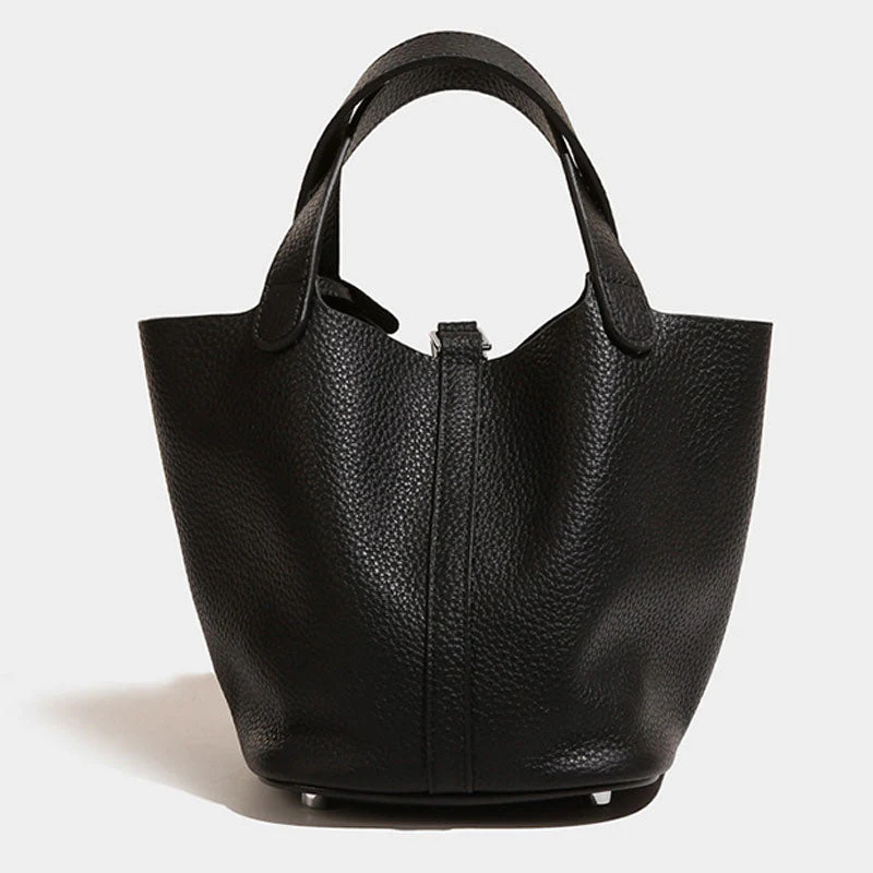 Chic Textured Solid Color Padlock Trim Faux Leather Handle Bag - Black - Image 2