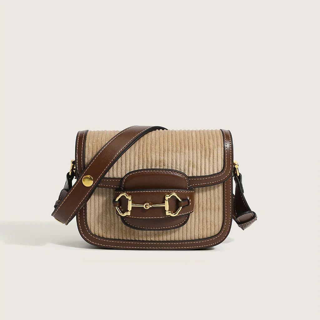 Chic Textured Suspender Strap Flap Front Velvet Shoulder Bag - Khaki - Image 2