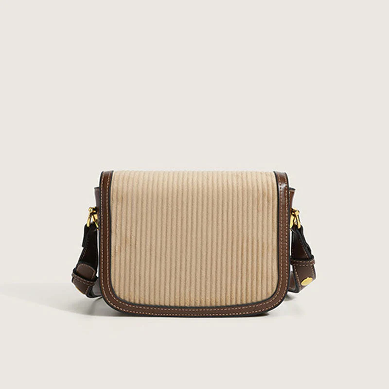 Chic Textured Suspender Strap Flap Front Velvet Shoulder Bag - Khaki - Image 3