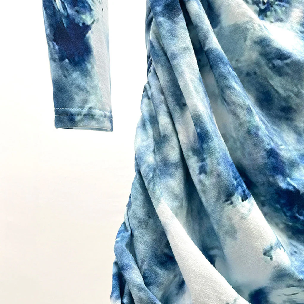 Chic Tie Dye Print Deep V Shoulder Pad Long Sleeve Ruched Bodycon Mini Dress - Image 4
