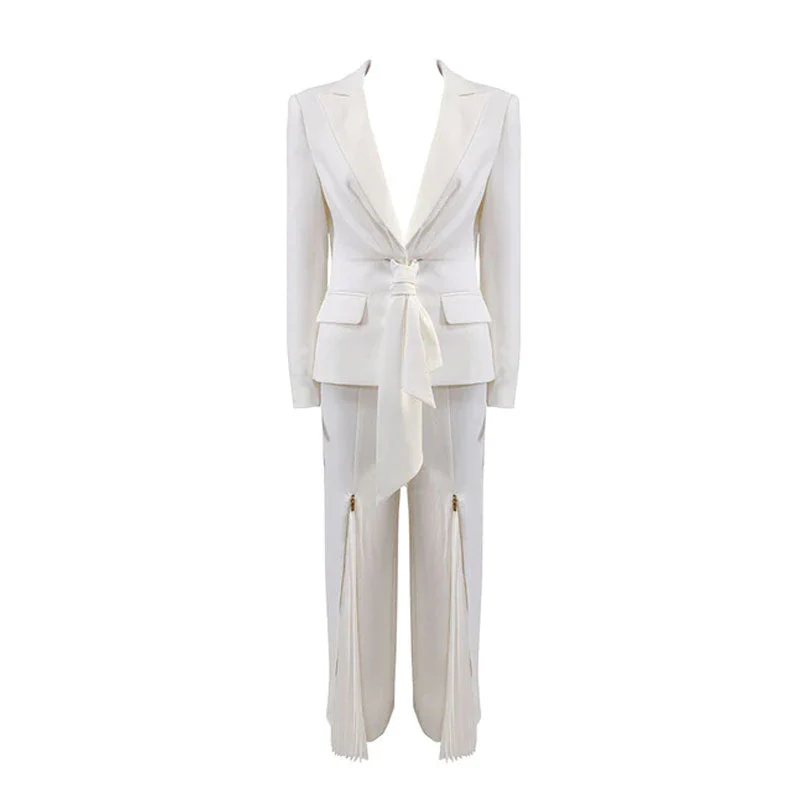 Chic Tie Front Blazer Pleated Zip Embellished Pant Matching Set - White - Image 2