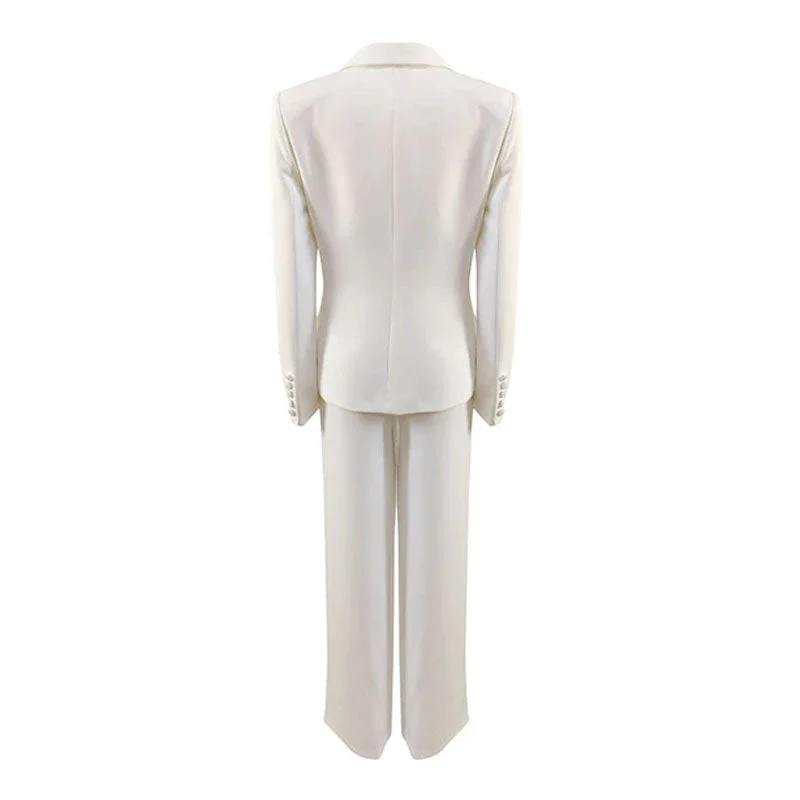 Chic Tie Front Blazer Pleated Zip Embellished Pant Matching Set - White - Image 3
