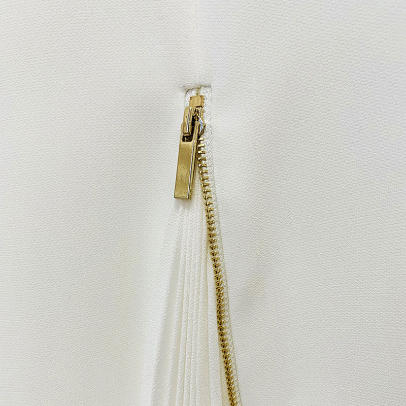 Chic Tie Front Blazer Pleated Zip Embellished Pant Matching Set - White - Image 5