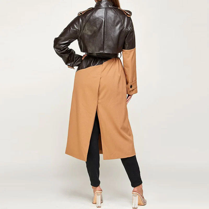 Chic Vegan Leather Panel Lapel Collar Double Breasted Belted Trench Coat - Khaki - Image 2