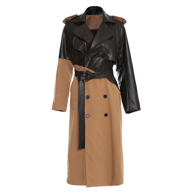 Chic Vegan Leather Panel Lapel Collar Double Breasted Belted Trench Coat - Khaki - Image 3