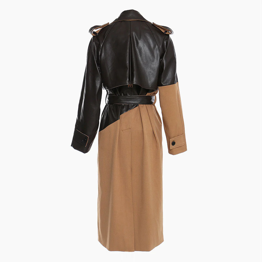 Chic Vegan Leather Panel Lapel Collar Double Breasted Belted Trench Coat - Khaki - Image 4