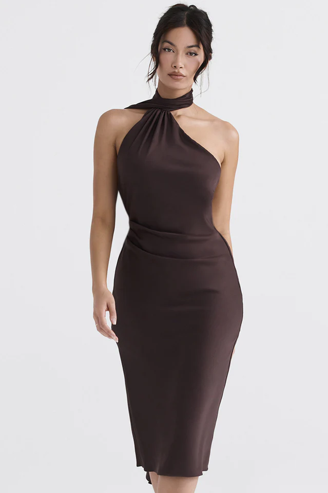 Chocolate Wrap Neck Midi Dress - Image 3