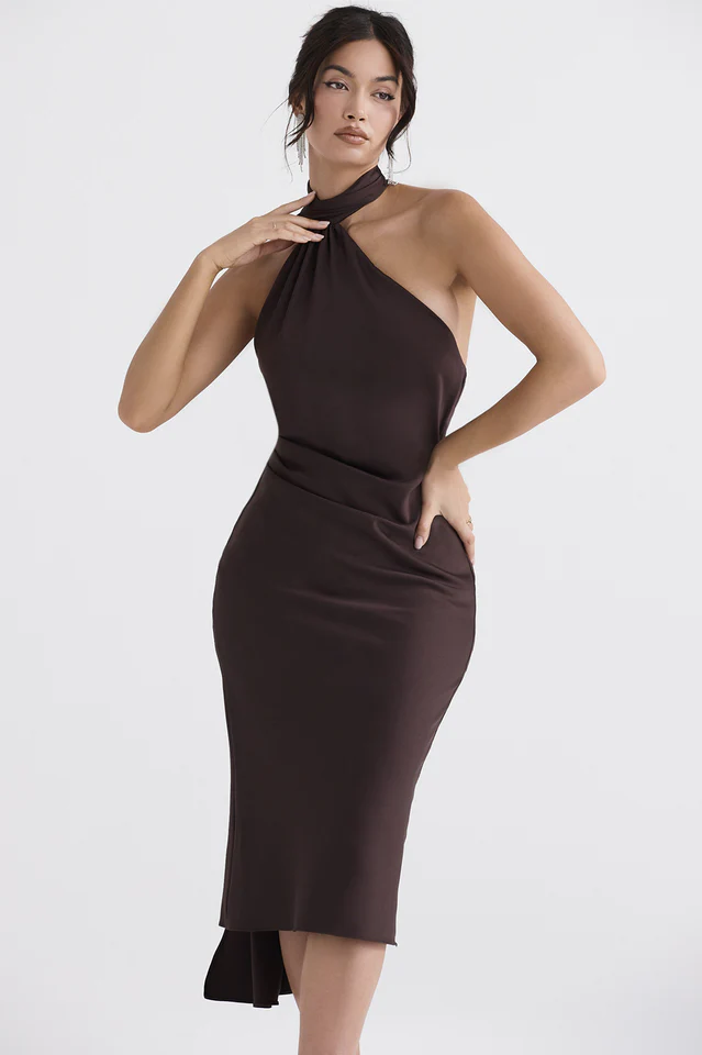 Chocolate Wrap Neck Midi Dress - Image 4