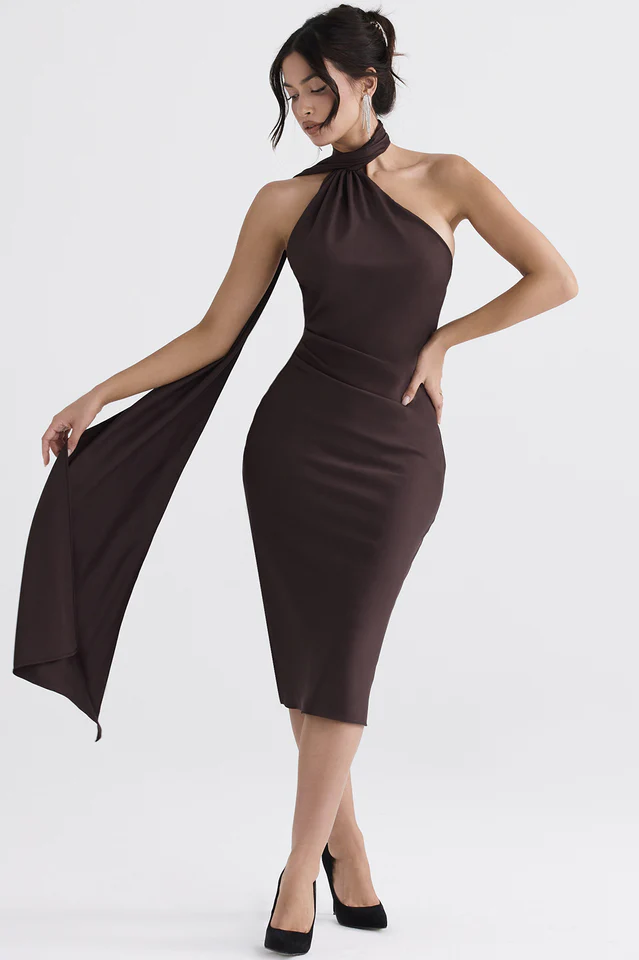 Chocolate Wrap Neck Midi Dress - Image 5