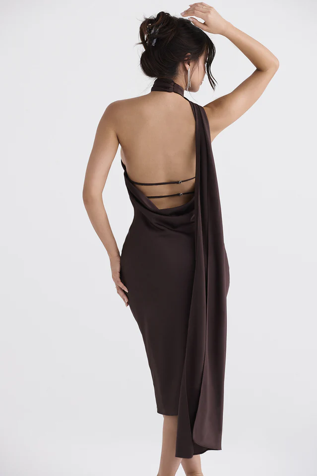 Chocolate Wrap Neck Midi Dress - Image 6