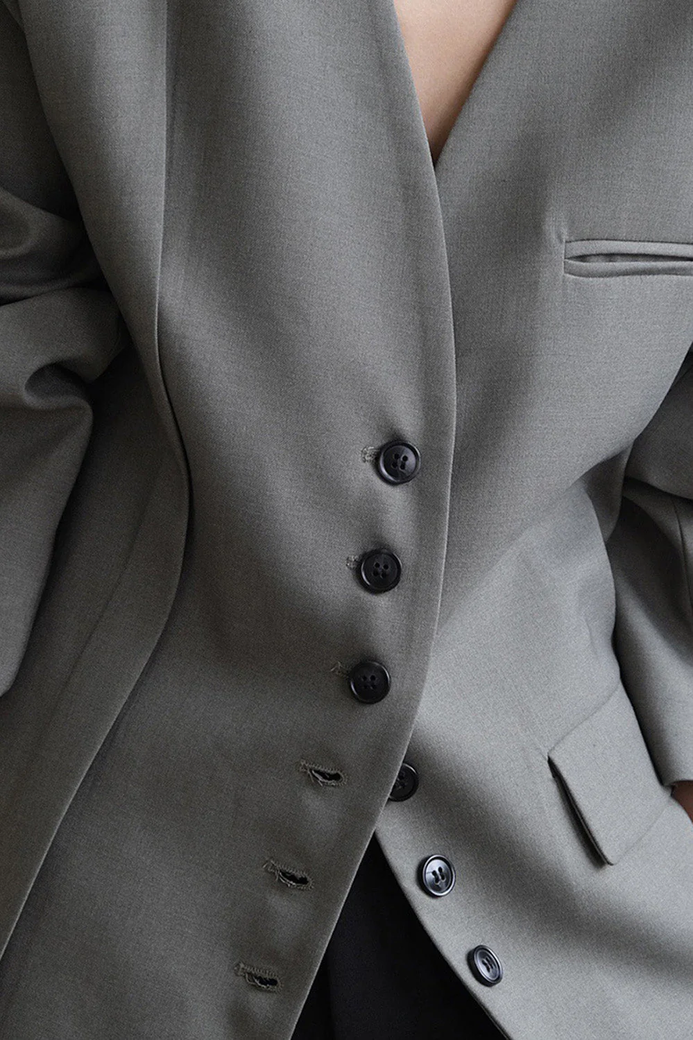 Classic Blazer with No Collar - Grey - Image 2