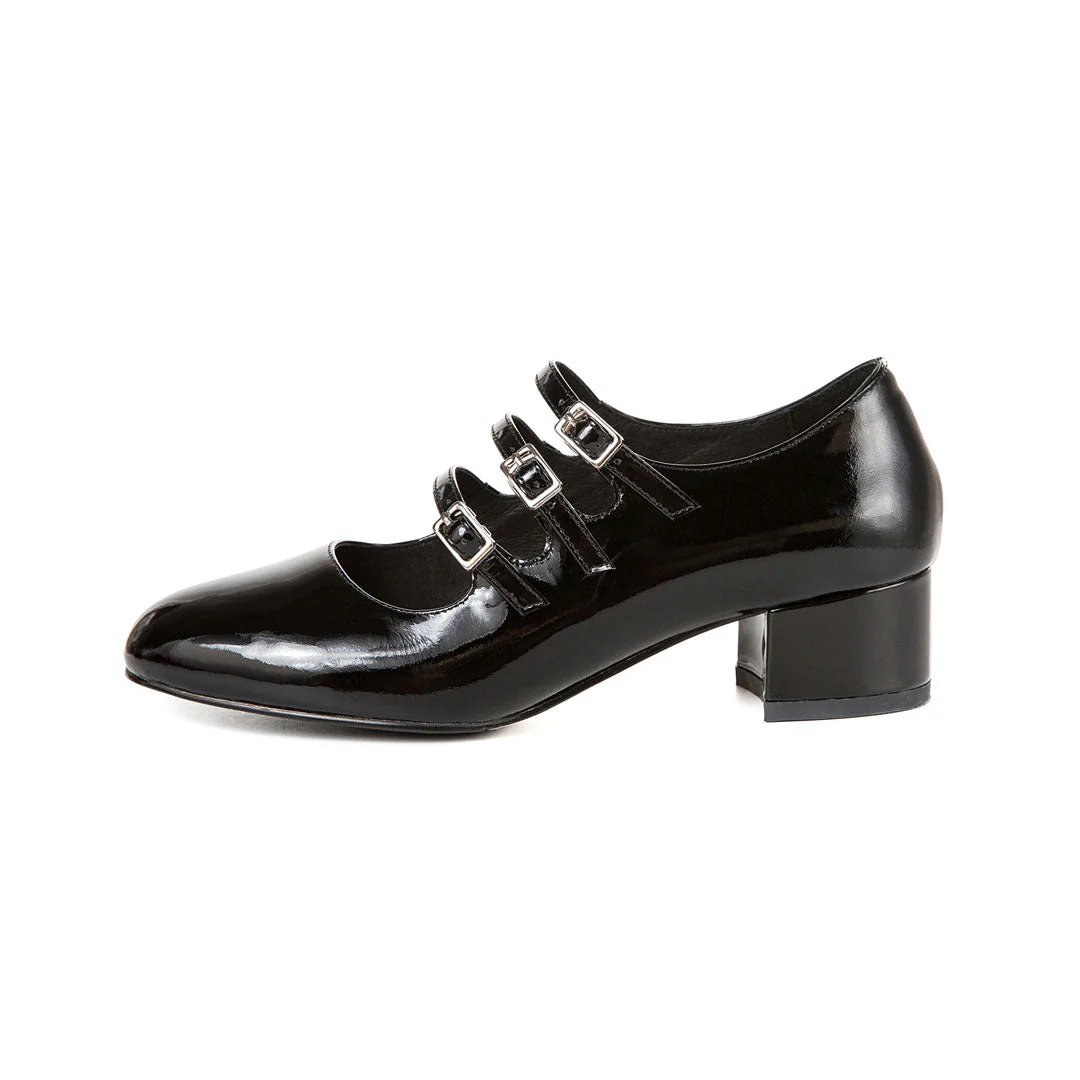 Classic Buckle Strap Patent Leather Block Heel Mary Jane Pumps - Black - Image 3