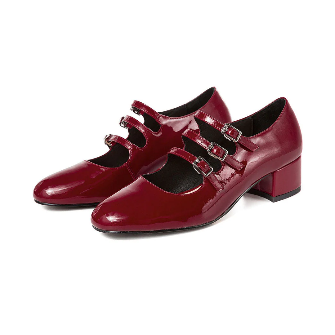 Classic Buckle Strap Patent Leather Block Heel Mary Jane Pumps - Burgundy - Image 4