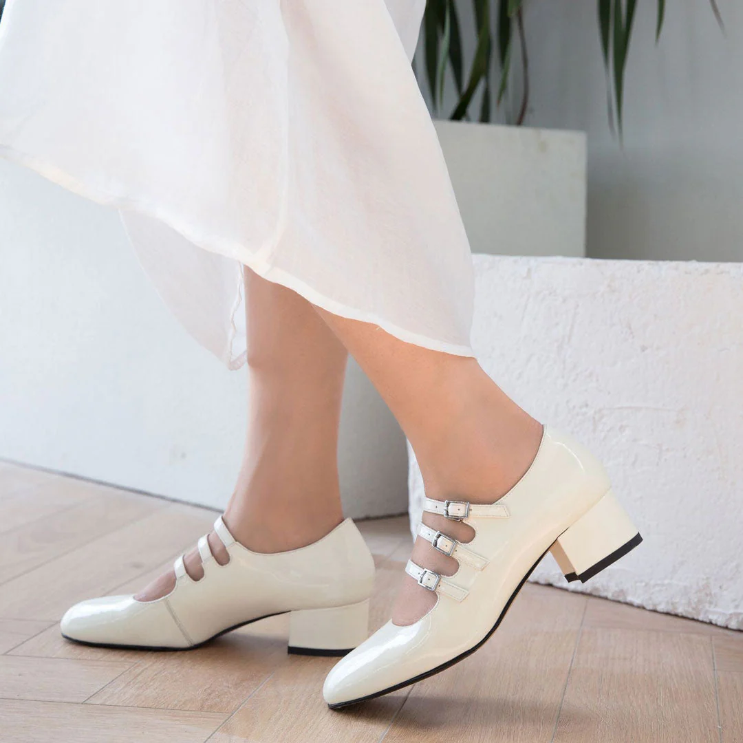 Classic Buckle Strap Patent Leather Block Heel Mary Jane Pumps - White - Image 2