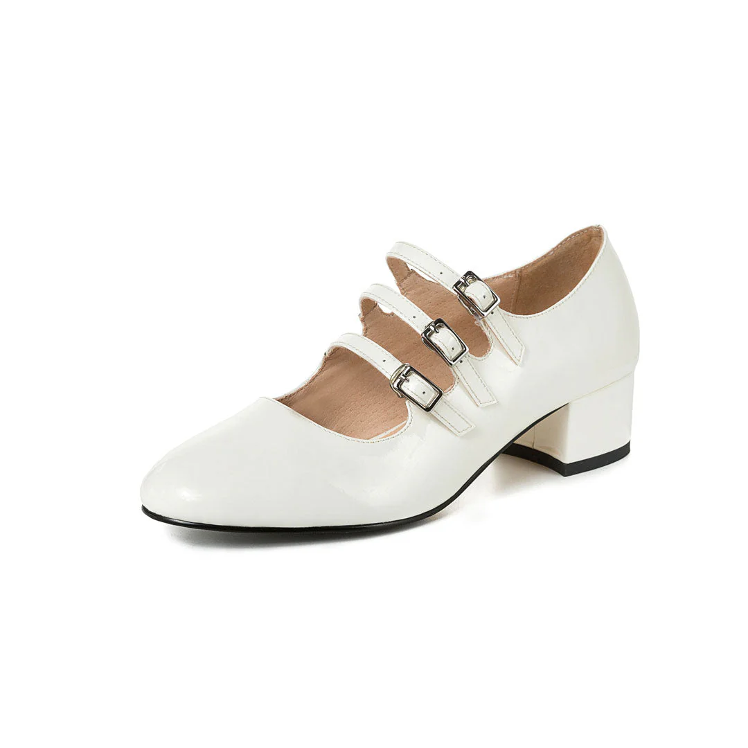 Classic Buckle Strap Patent Leather Block Heel Mary Jane Pumps - White - Image 4