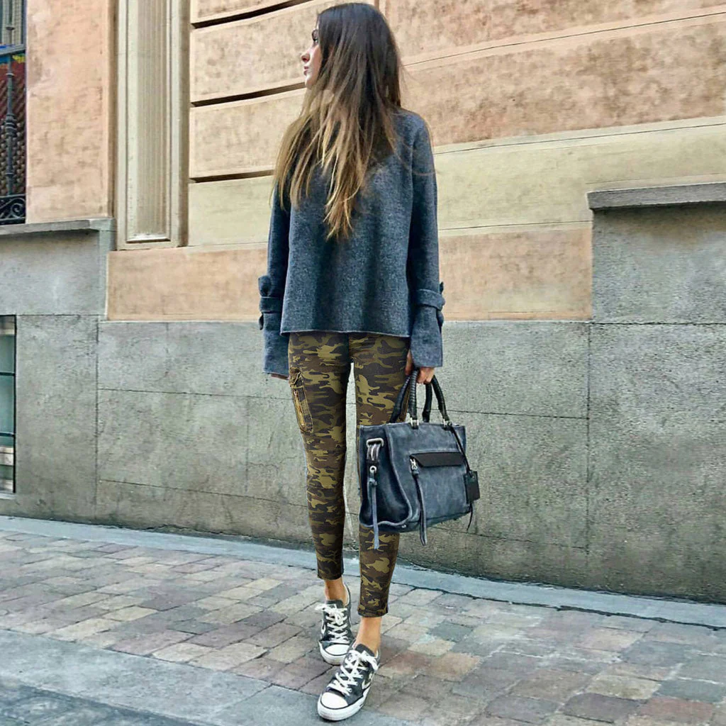 Classic Camo Print Patch Pocket Mid Waist Skinny Jeans - Green - Image 3
