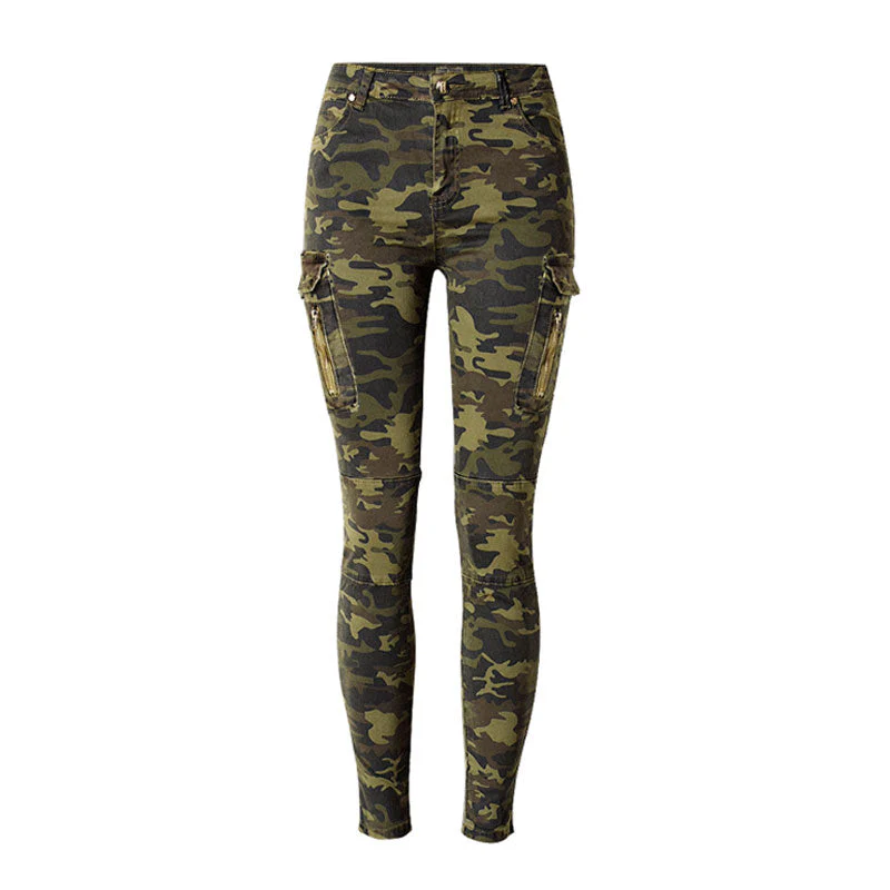 Classic Camo Print Patch Pocket Mid Waist Skinny Jeans - Green - Image 4