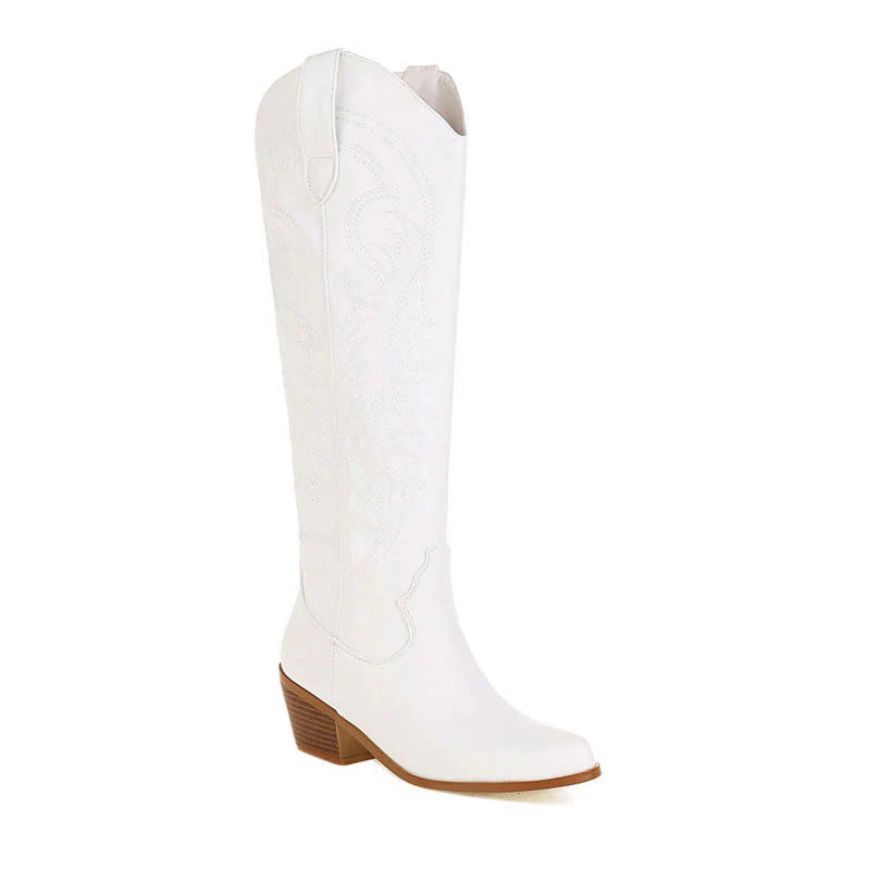 Classic Embroidered Knee High Round Toe Cuban Heel Western Boots - White - Image 2