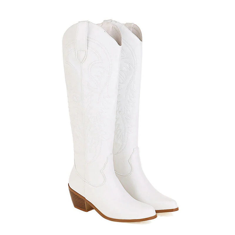 Classic Embroidered Knee High Round Toe Cuban Heel Western Boots - White - Image 3