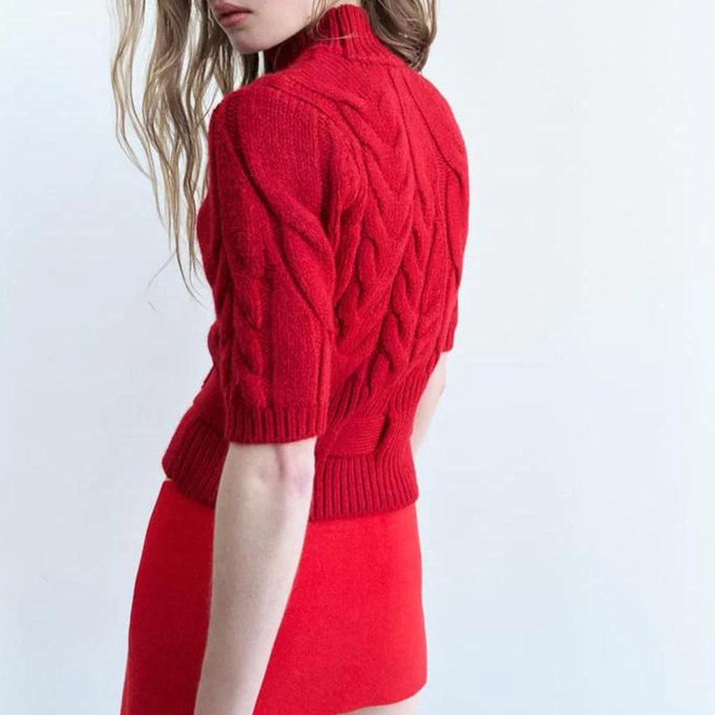 Classic High Neck Half Sleeve Belted Chunky Cable Knit Pullover Sweater - Image 2