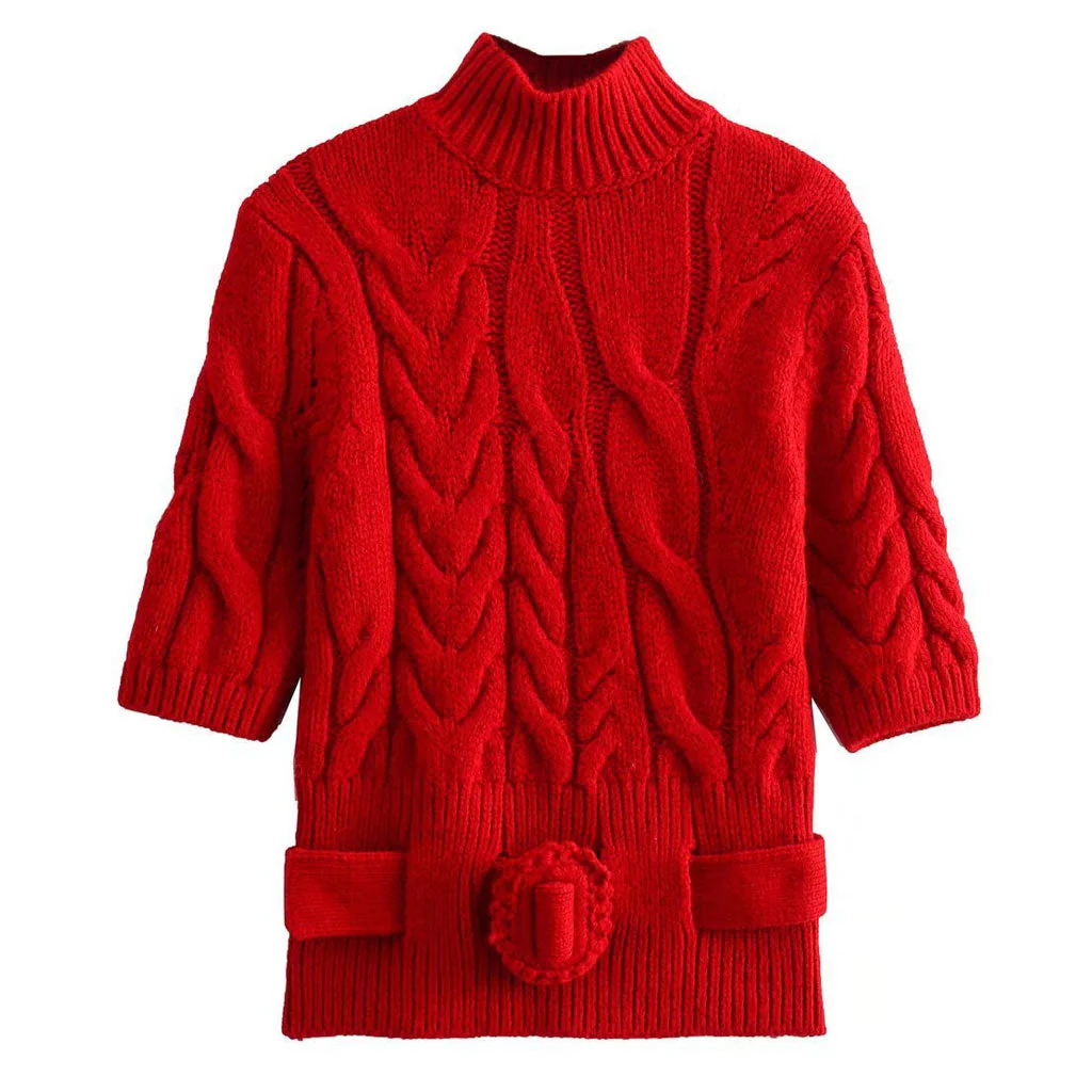 Classic High Neck Half Sleeve Belted Chunky Cable Knit Pullover Sweater - Image 3