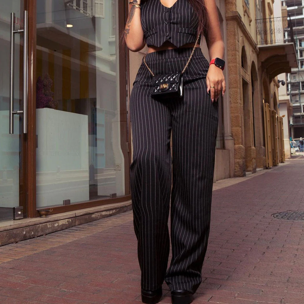 Classic High Waist Contrast Pinstripe Pattern Flared Suit Pants - Image 2