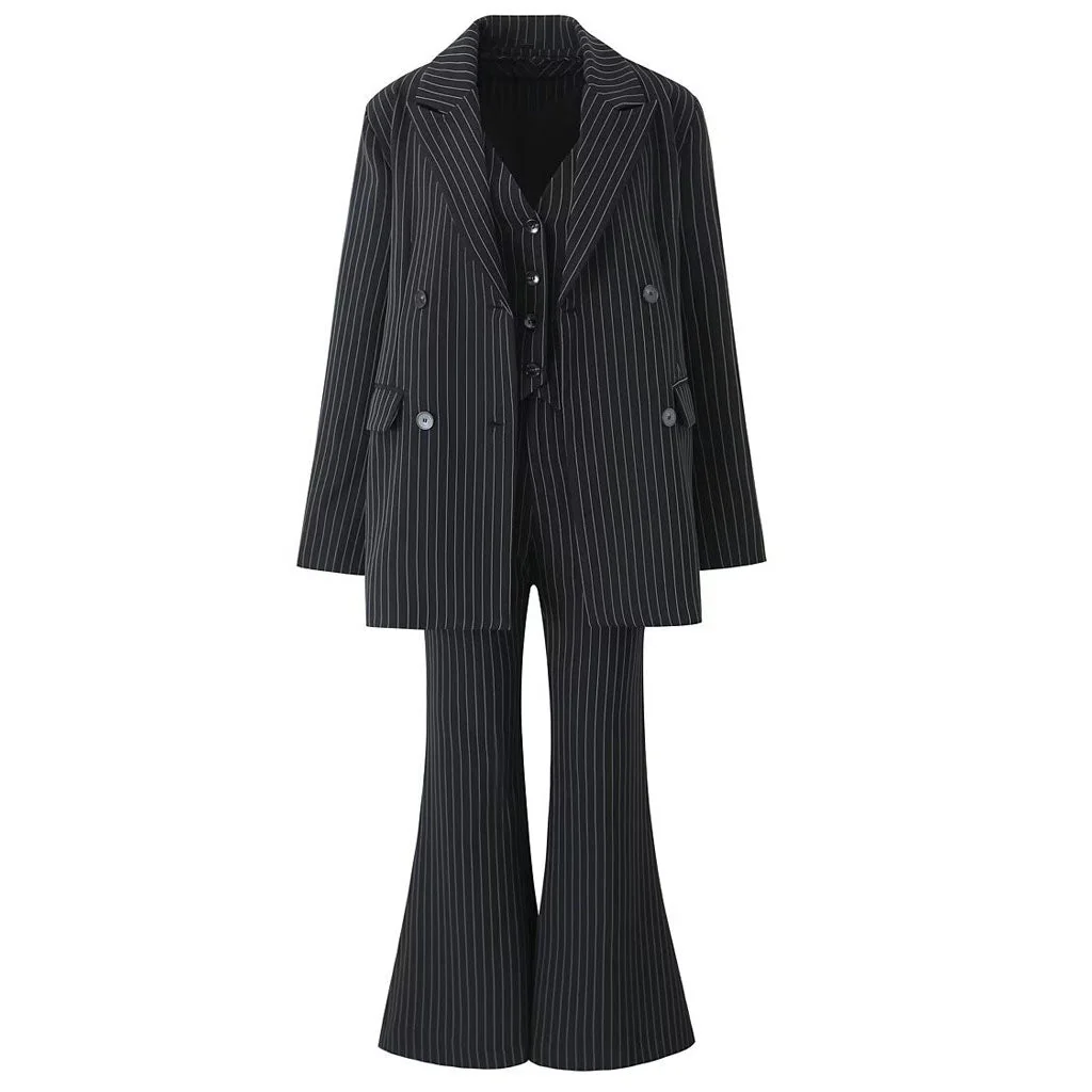 Classic High Waist Contrast Pinstripe Pattern Flared Suit Pants - Image 3