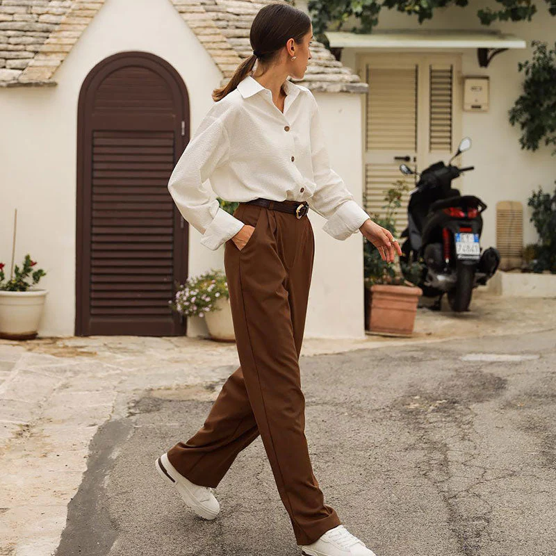 Classic High Waist Straight Leg Slant Pocket Pleated Tailored Pants - Brown - Image 2