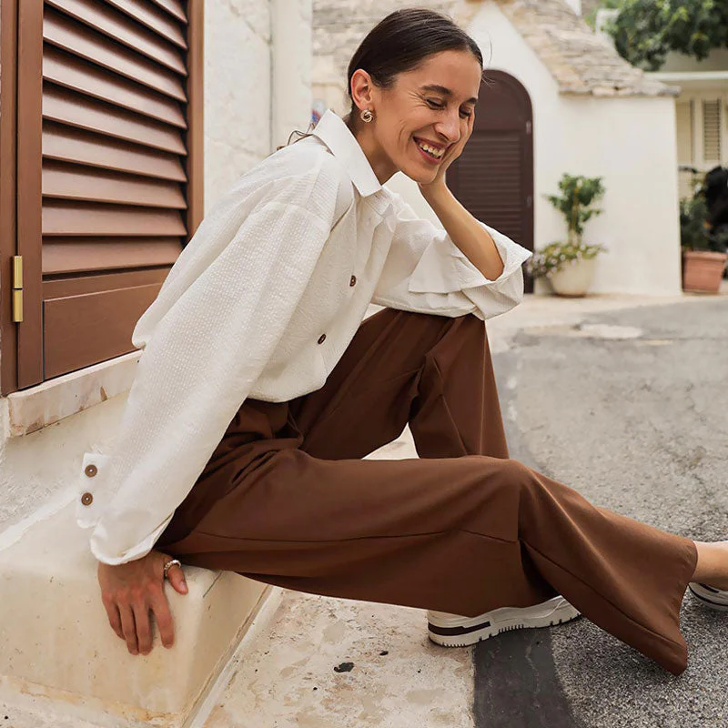 Classic High Waist Straight Leg Slant Pocket Pleated Tailored Pants - Brown - Image 3