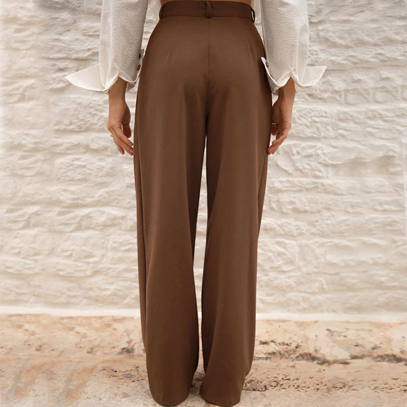 Classic High Waist Straight Leg Slant Pocket Pleated Tailored Pants - Brown - Image 4