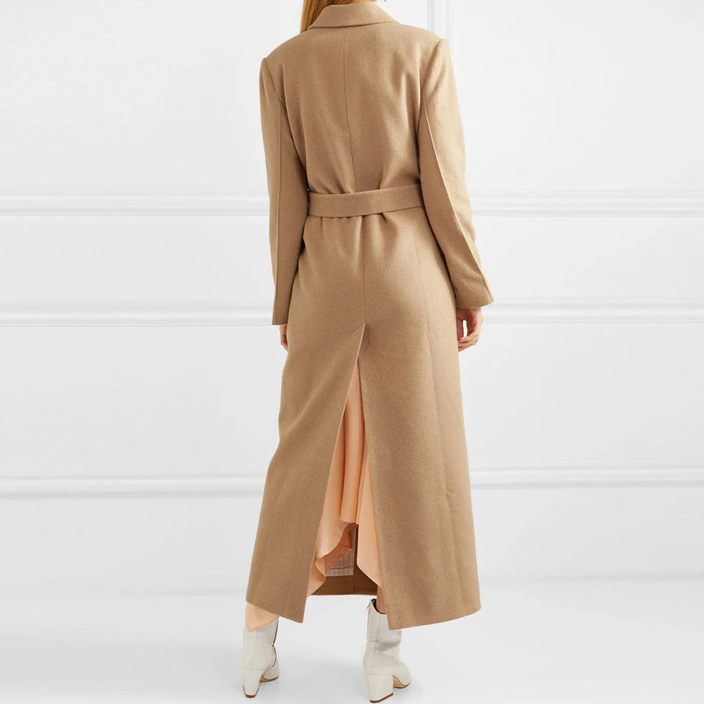 Classic Lapel Collar Long Sleeve Single Breasted Belted Back Split Trench Coat - Image 4