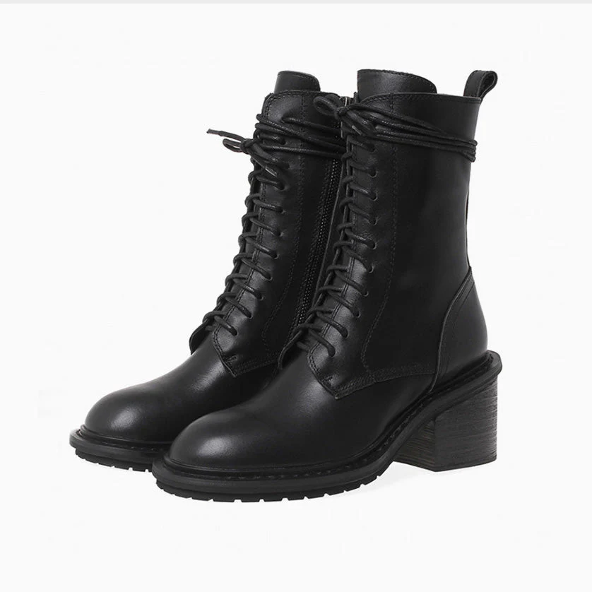 Classic Narrow Calf Lace Up Chunky Heel Combat Boots - Black - Image 2