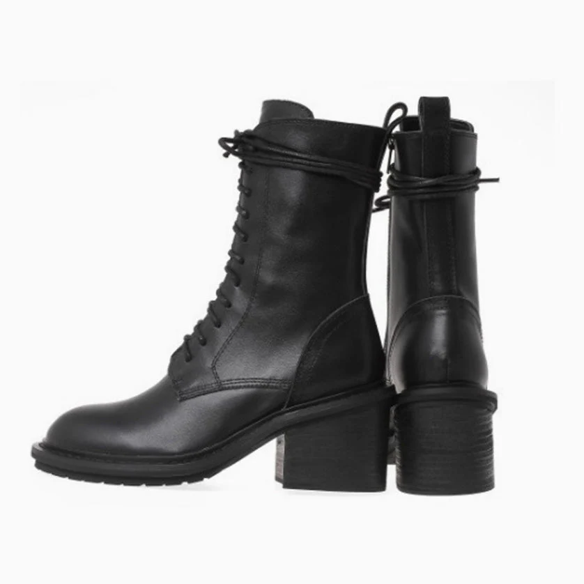 Classic Narrow Calf Lace Up Chunky Heel Combat Boots - Black - Image 3