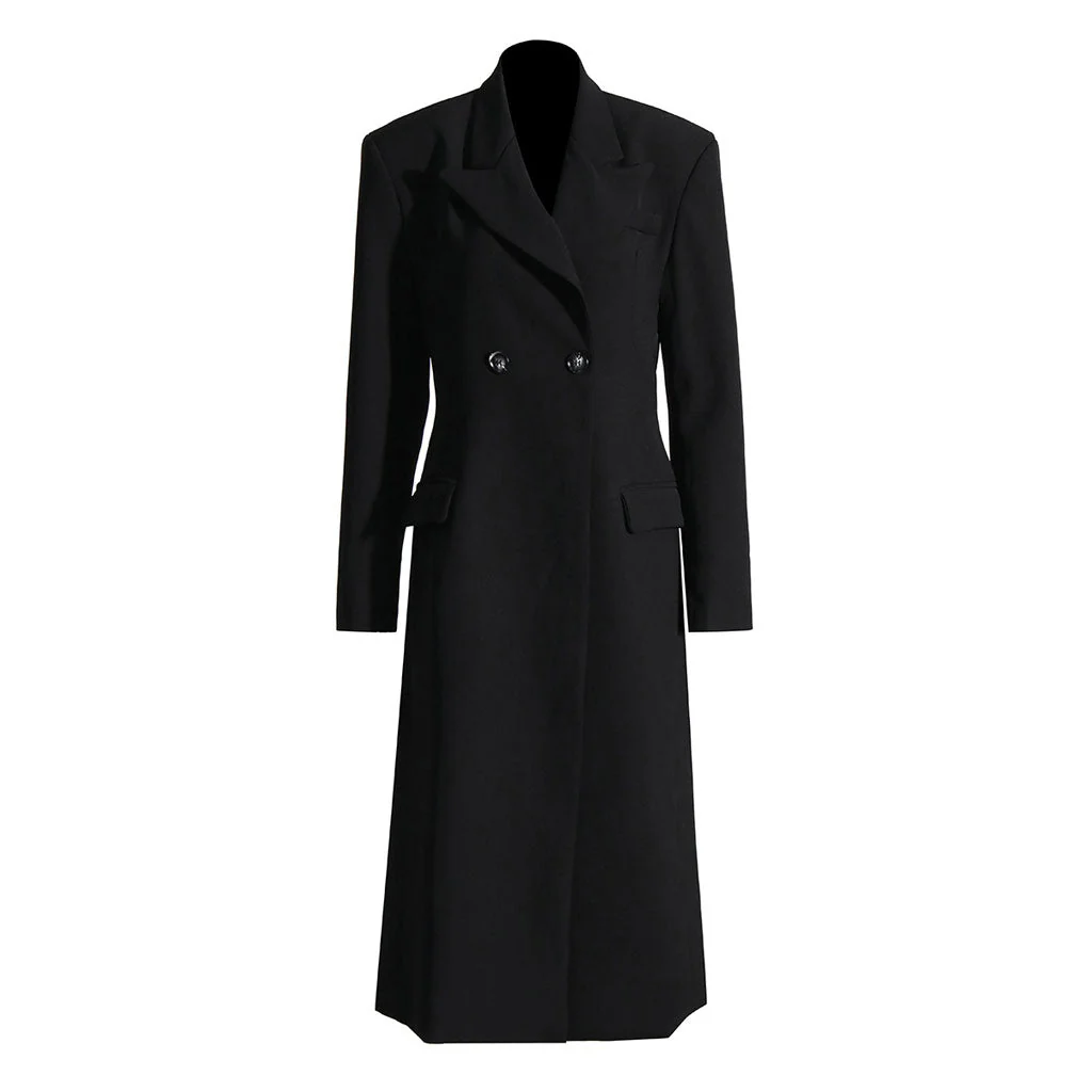 Classic Notch Lapel Shoulder Pad Two Button Long Tailored Blazer Coat - Image 3