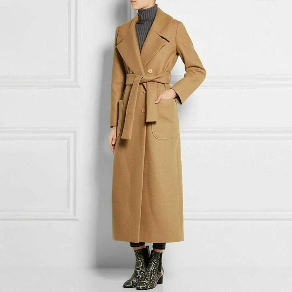 Classic Notched Lapel Double Breasted Belted Cargo Pocket Wool Blend Coat - Image 2