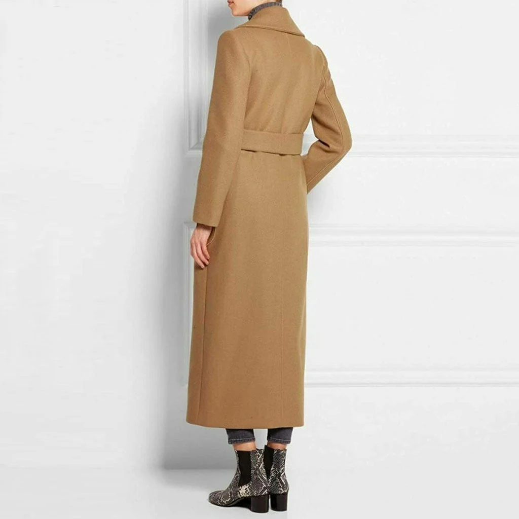 Classic Notched Lapel Double Breasted Belted Cargo Pocket Wool Blend Coat - Image 3