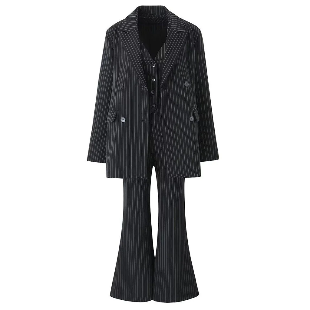 Classic Peak Lapel Double Breasted Long Sleeve Oversized Pinstripe Blazer - Image 3