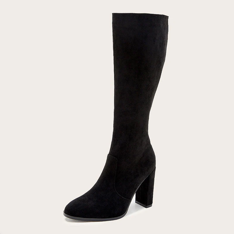 Classic Pointed Toe Chunky High Heel Suede Knee High Boots - Black - Image 2
