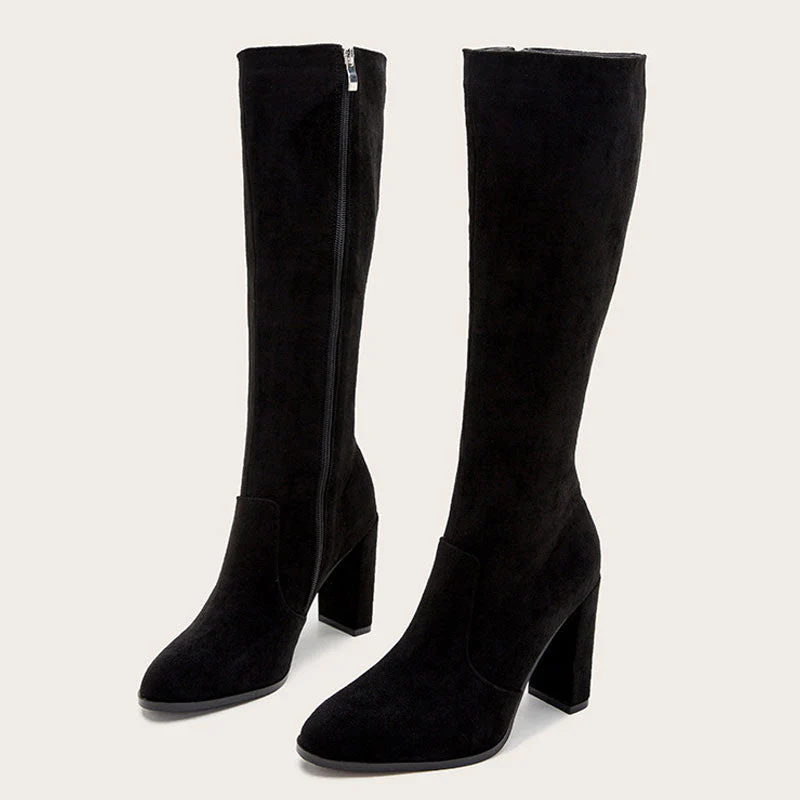 Classic Pointed Toe Chunky High Heel Suede Knee High Boots - Black - Image 3