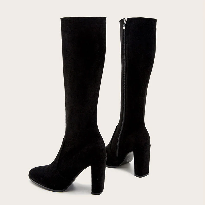 Classic Pointed Toe Chunky High Heel Suede Knee High Boots - Black - Image 4